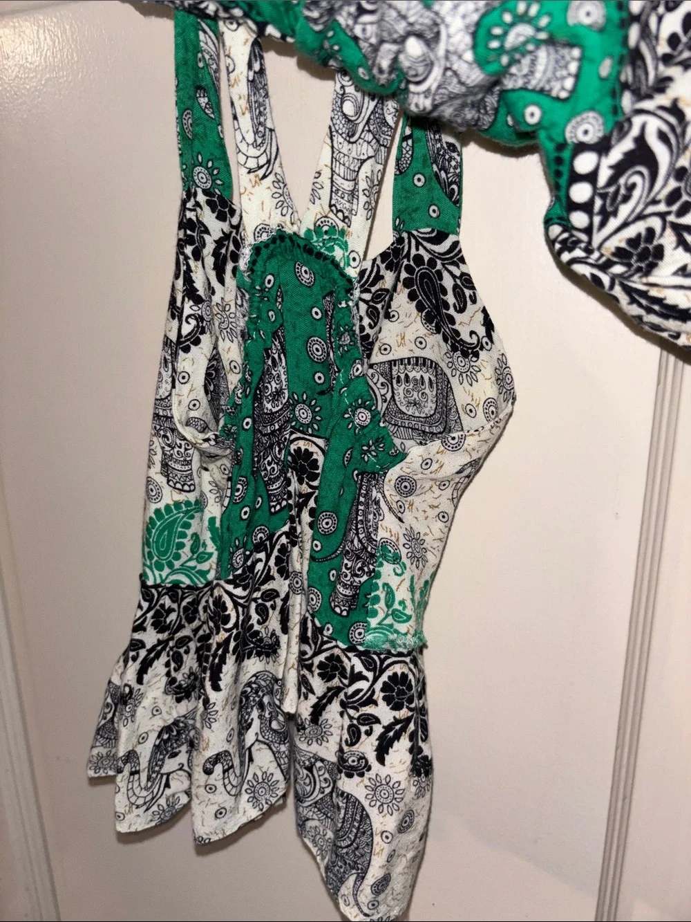 Thailand top and bottom Elephant Print Flounce Tank Top - Green / Black / White